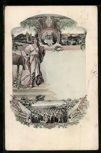 Lithographie Portrait Turnvater Jahn, Turnerriege bei Massenübung