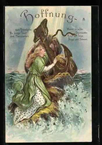 AK Frau im Wasser umschlingt Anker