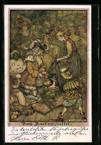 AK Deutscher Schulverein Nr. 1256: Prinz probiert Aschenputtel Schuh an, Märchen