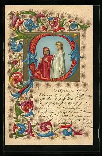 Lithographie Dante im Gespräch mit junger Frau in weissem Gewand, Ornamente