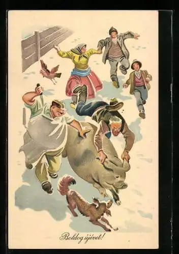 Lithographie Jagd auf ein Schlachtschwein, mit Fleischer, Bauer und Hund