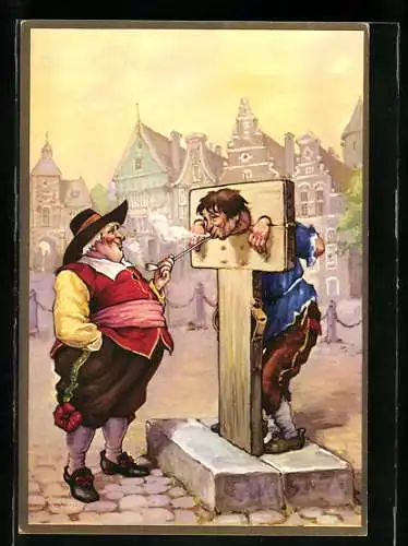 AK Reklame für Troost Tabak, Mann am Pranger raucht eine Pfeife