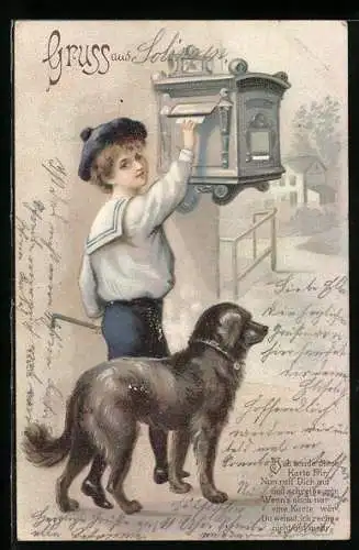 Künstler-AK Knabe im Matrosenanzug mit Hund am Briefkasten