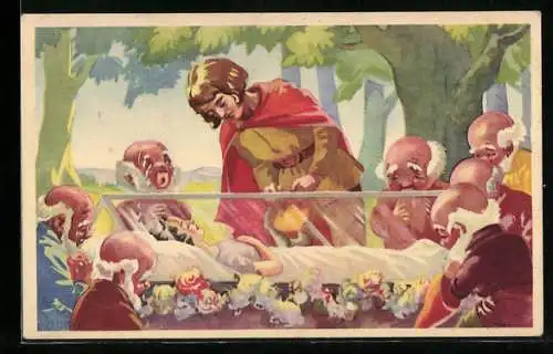 AK Prinz und Zwerge mit Schneewittchen im gläsernen Sarg