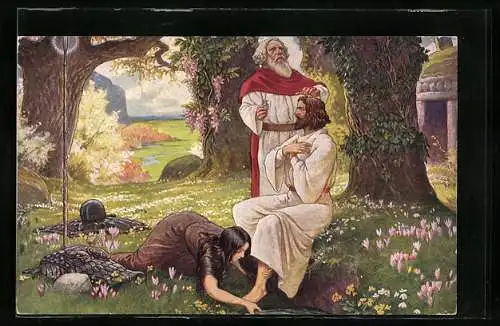 AK Parsival, Serie 141, Nr. 3809, Am Karfreitag betritt Parsival das Gralsgebiet