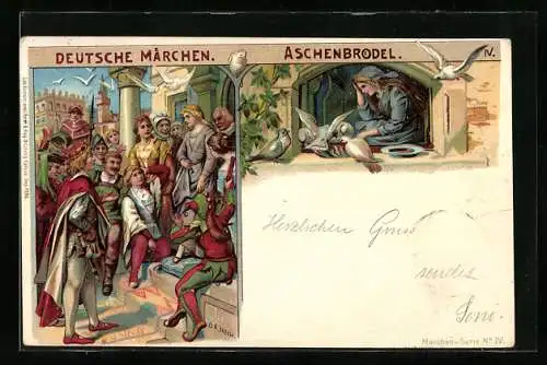 AK Deutsche Märchen, Aschenbroedel, Aschenputtel füttert die Tauben