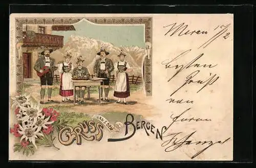 Lithographie Trachtenkapelle aus den Bergen mit Zither und Gitarre
