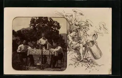 Künstler-AK F. Gareis: Zwerg mit Bierkrug und Pfeife, Zwei Männer und Kellner an einem Tisch, Passepartout