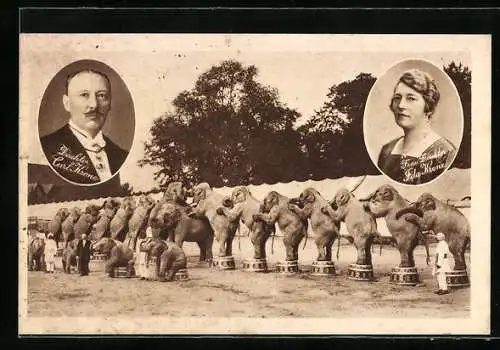AK Zirkuselefanten des Zirkus Krone mit Porträts des Direktors mit Gattin