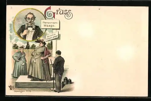 Lithographie Korpulente Frau auf einer Personenwaage, hier wird am billigsten Gewogen