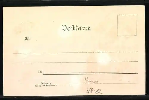 Lithographie Korpulente Frau auf einer Personenwaage, hier wird am billigsten Gewogen