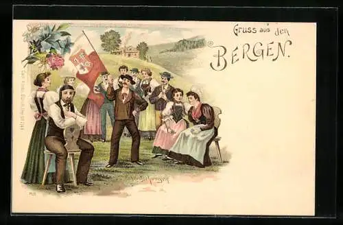 Lithographie Mann beim Fahnenschwingen mit bestaunenden Zuschauern