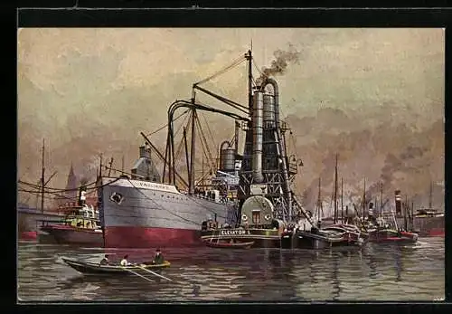 Künstler-AK Pneumatischer Getreideheber im Hafen, Maschinenfabrik G. Luther AG, Braunschweig