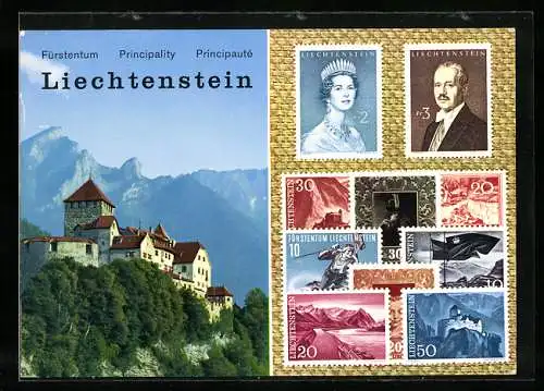 AK Liechtenstein, Schloss Vaduz mit Falknis, Briefmarken