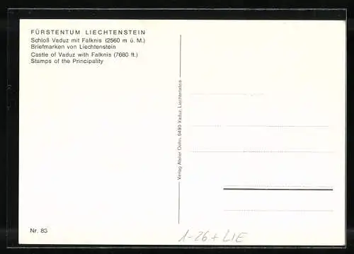 AK Liechtenstein, Schloss Vaduz mit Falknis, Briefmarken