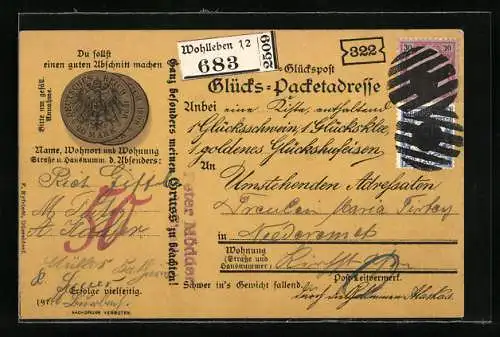 AK Postkarte mit Glücks-Paketadresse, Geldmünzen, gestreift gestempelte Briefmarken