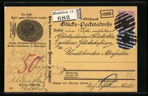 AK Glückspost, Münzen Deutsches Reich 20 Mark, Geld, Postgeschichte