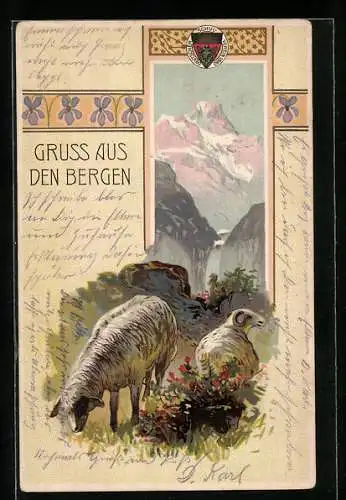 AK Deutscher Schulverein Nr. 128: Schafe auf der Weide mit Gebirgsblick