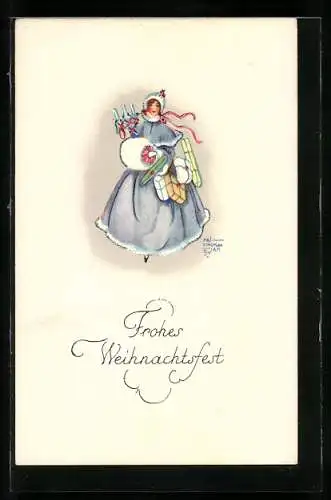 Künstler-AK sign. Maj Lindman: Dame mit Muff und Geschenkpaketen, Weihnachtsgruss