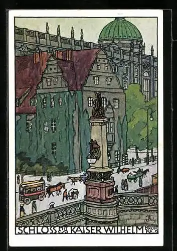 Künstler-AK Berlin, Schloss mit Kaiser Wilhelm-Brücke, Pferdebahn, Dt. Lehrerversammlung 1912