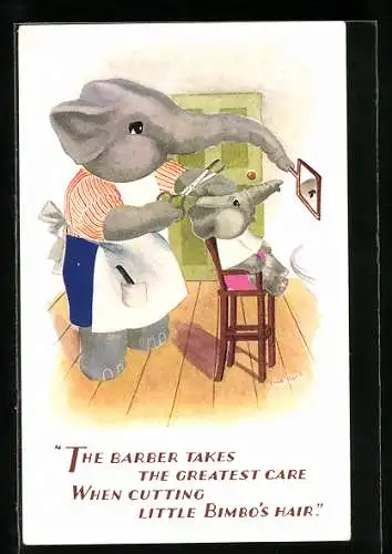 Künstler-AK vermenschlichte Tiere, kleiner Elefant beim Friseur