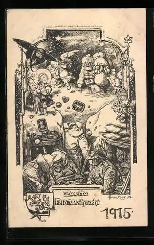 AK Zweite Feld-Weihnacht 1915, Weihnachtsmann am Schützengraben, Wappen