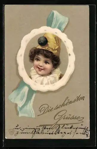 Lithographie Harlekin, Portrait im Kostüm, blaue Schleife