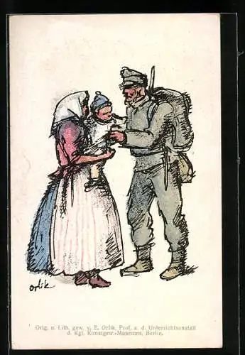 Künstler-AK österreichischer Soldat mit Frau und Kind