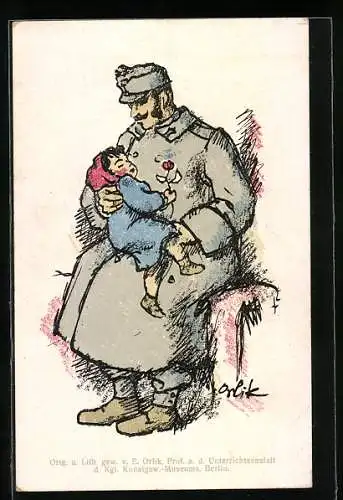 Künstler-AK Österreichischer Soldat im Mantel mit schlafendem Kind auf dem Schoss