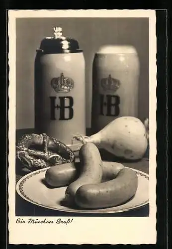 AK München, Mathäser-Bräu, Bierkrüge und Würstchen, Rezept