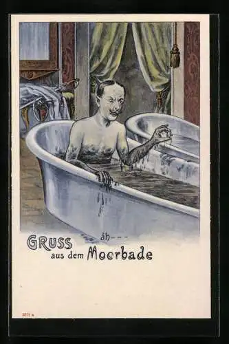 Lithographie Gruss aus dem Moorbade, Kurgast nimmt ein Schlammbad