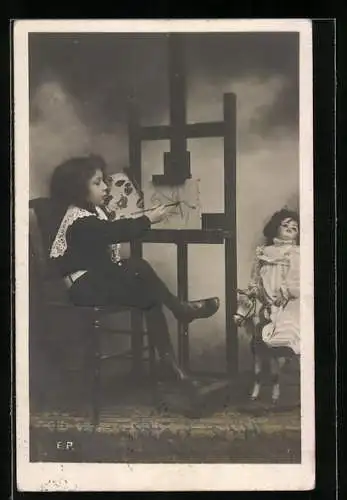 AK Knabe als Maler mit Puppe als Modell