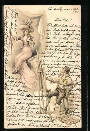 AK junge Frau mit Hut sitzt Modell für einen Maler