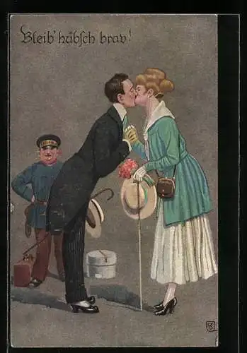 Künstler-AK Bleib` hübsch brav!, Bote beobachtet ein sich küssendes Paar beim Abschied