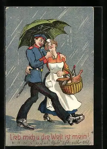 AK Lieb mich und die Welt ist mein!, Soldat spaziert mit seiner Liebsten durch den Regen, Soldatenhumor