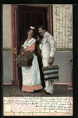 AK Soldatenleben, Liebesdienst, Soldat mit Dienstmädchen