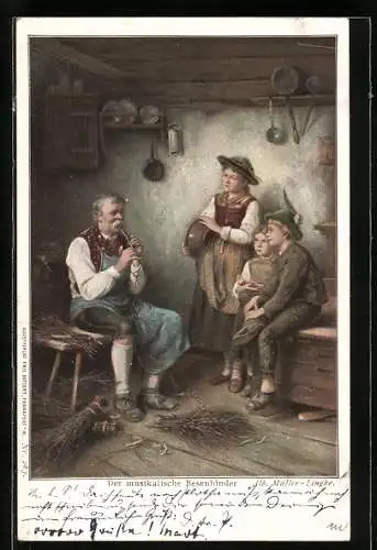 Künstler-AK Alb. Müller-Lingke: Der musikalische Besenbinder, der Handwerker spielt ein Lied auf der Flöte