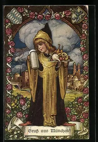 Künstler-AK Münchner Kindl mit gefülltem Tablett vor München-Kulisse