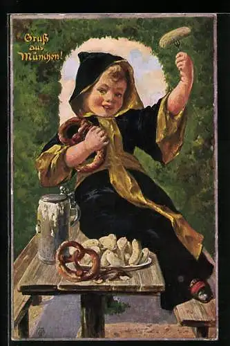 Künstler-AK Münchner Kindl mit Weisswürsten und Bier