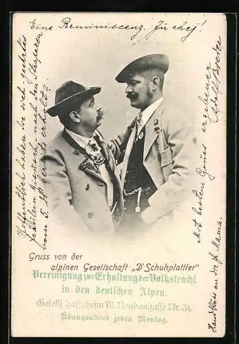AK Alpine Gesellschaft D`Schuhplattler, zwei Mitglieder in Tracht
