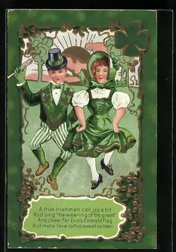 Präge-AK Irisches Paar in Trachtenkleidung beim Tanzen