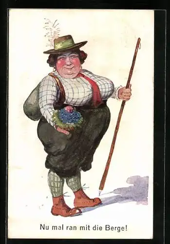 AK Beleibte Frau in Wanderkleidung mit Stock