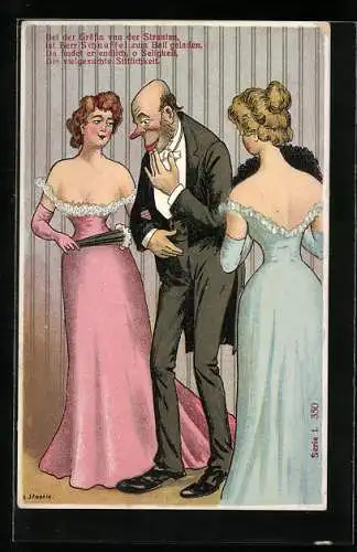Künstler-AK Bei der Gräfin van der Straaten, ist Herr Schnuffel zum Ball geladen..., Mann blickt in einen Ausschnitt