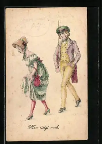 Künstler-AK Man steigt nach, Frau hebt vor dem Mann ihren Rock