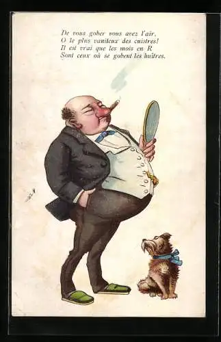 Künstler-AK Dicker Mann im ANzug und mit Spiegel bewundert seine Schönheit, Neujahresgruss, Scherz