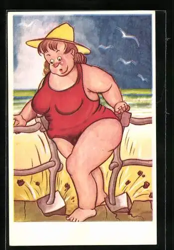 Künstler-AK Korpulente Frau im Badeanzug zerstört beim Steigen eine Holzstufe