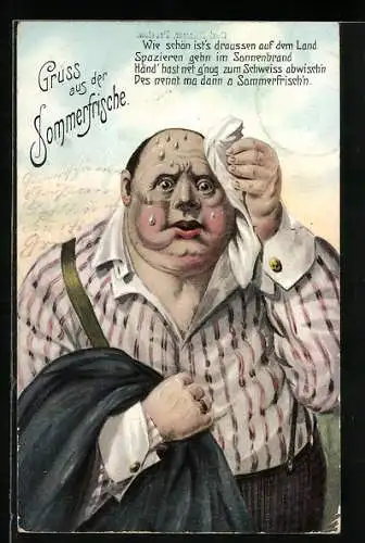 AK übergewichtiger Herr schwitzt gewaltig im Sonnenschein