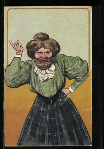 AK Schimpfende Frau mit Maulkorb