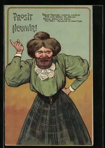 AK Schimpfende Frau mit Maulkorb