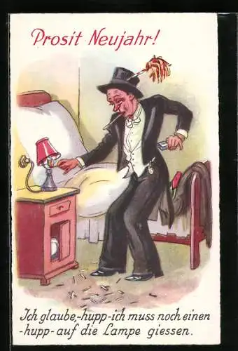 AK Betrunkener zündet mit Streichholz die Lampe an, Trinkerhumor